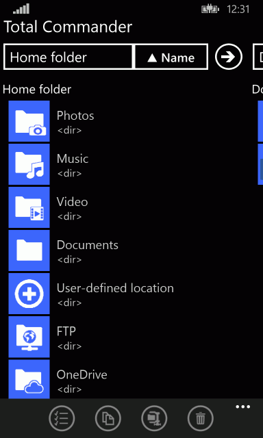 Total Commander Windows Phone Okno główne