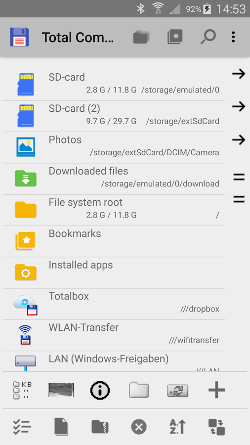 Total Commander Android Phone Okno główne